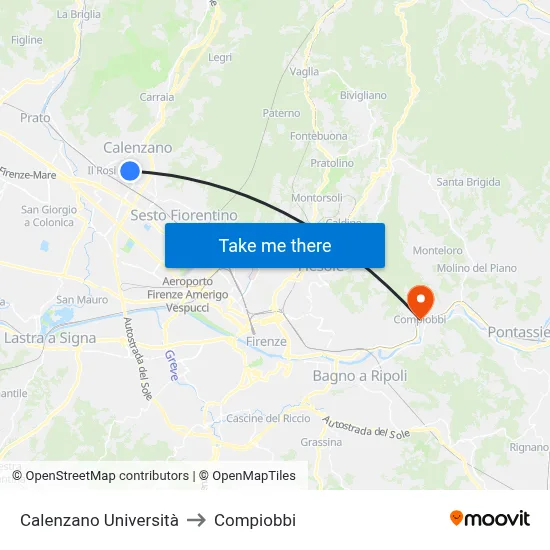 Calenzano University to Compiobbi map