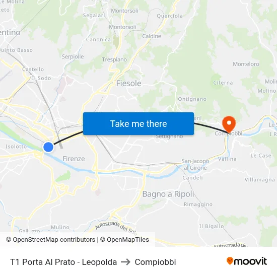 T1 Porta Al Prato - Leopolda to Compiobbi map
