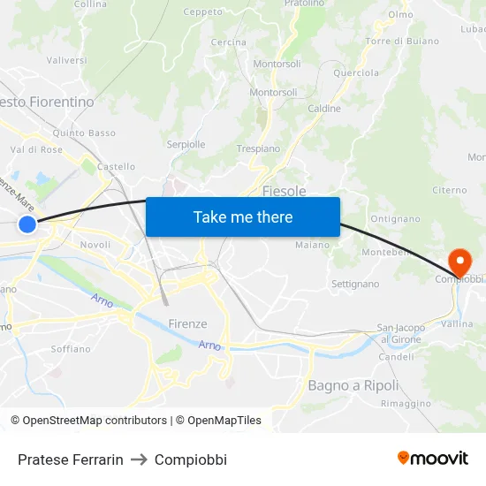 Pratese Ferrarin to Compiobbi map