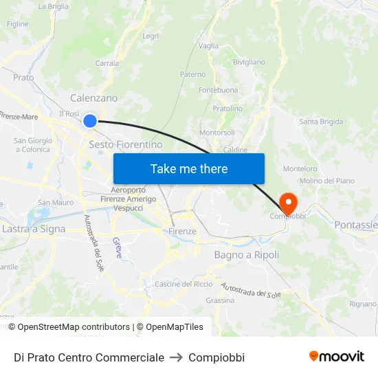 Di Prato Shopping Center to Compiobbi map
