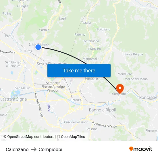 Calenzano to Compiobbi map