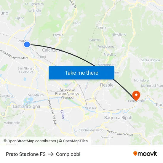 Prato Railway Station to Compiobbi map