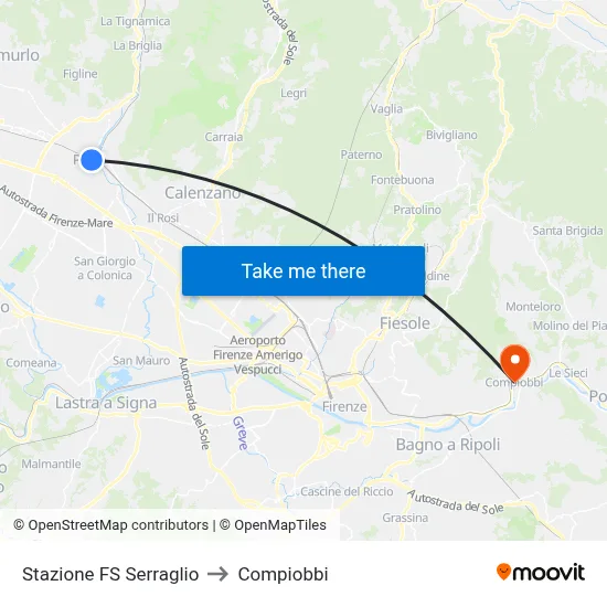 Serraglio Railway Station to Compiobbi map