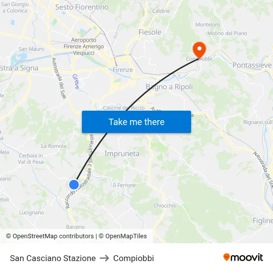 San Casciano Station to Compiobbi map