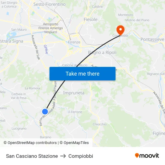 San Casciano Station to Compiobbi map