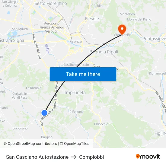 San Casciano Bus Station to Compiobbi map