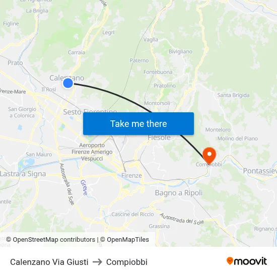Calenzano Via Giusti to Compiobbi map