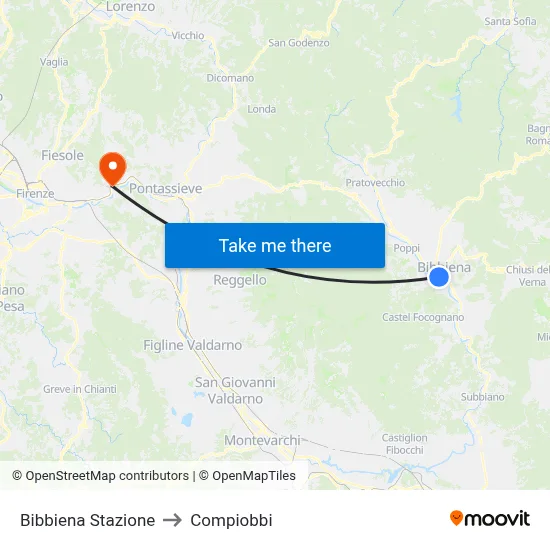 Bibbiena Station to Compiobbi map