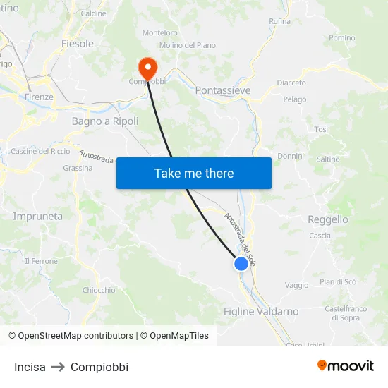 Incisa to Compiobbi map
