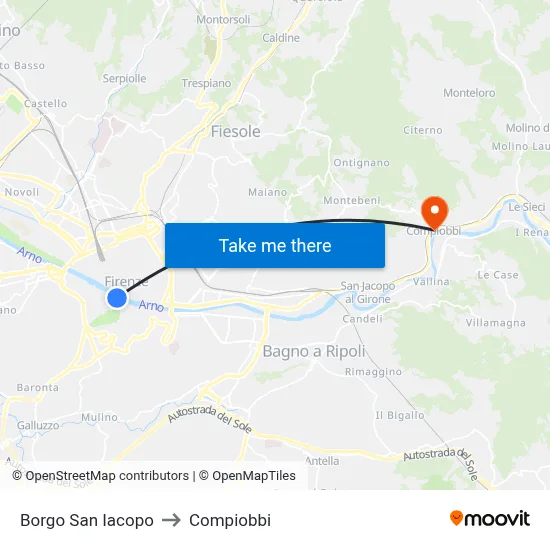 Borgo San Iacopo to Compiobbi map