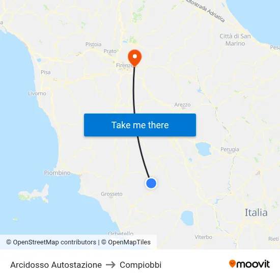Arcidosso Bus Station to Compiobbi map