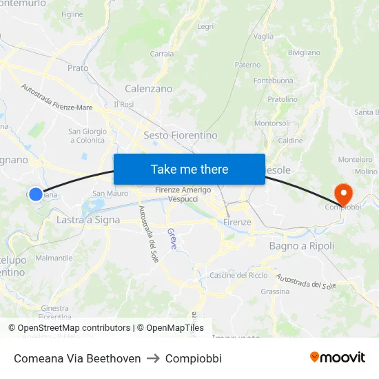 Comeana Via Beethoven to Compiobbi map