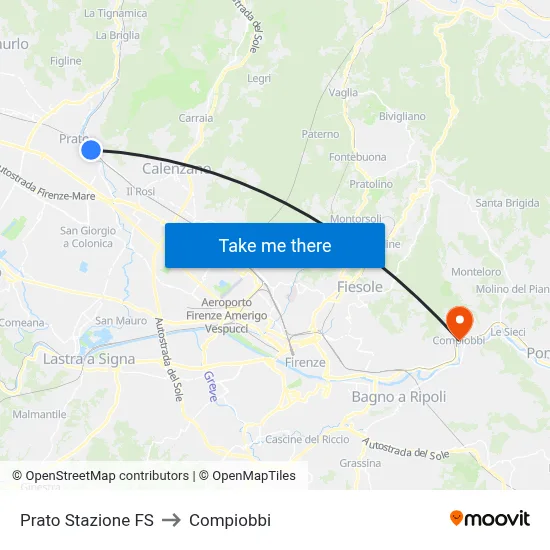 Prato Railway Station to Compiobbi map
