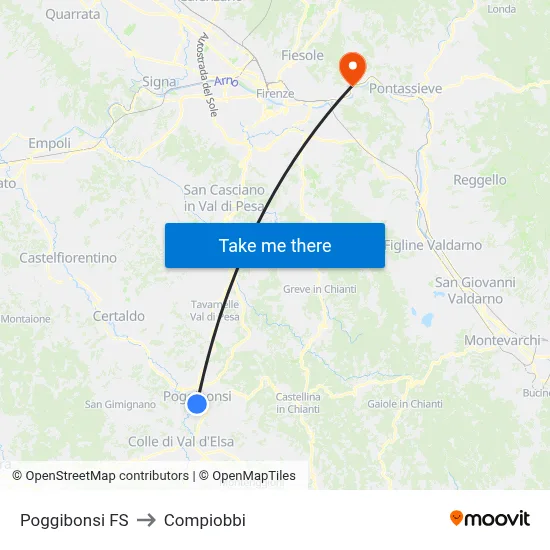 Poggibonsi Railway Station to Compiobbi map
