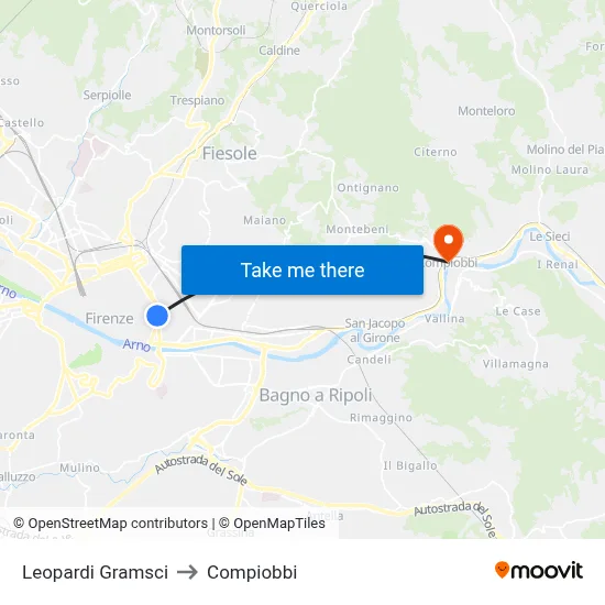 Leopardi Gramsci to Compiobbi map