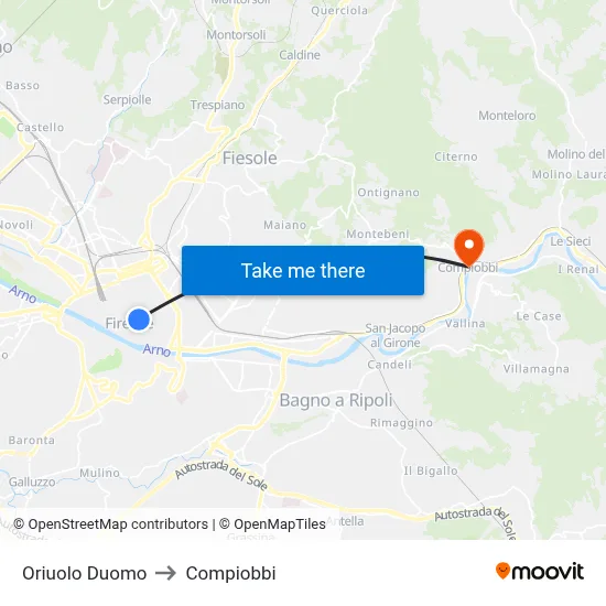 Oriuolo Cathedral to Compiobbi map