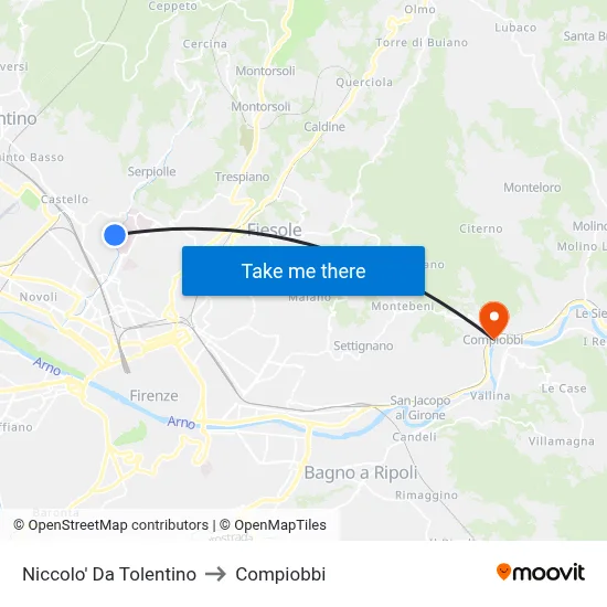 Niccolo da Tolentino to Compiobbi map