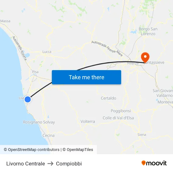 Livorno Central to Compiobbi map