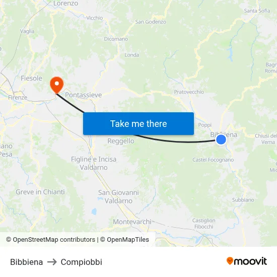 Bibbiena to Compiobbi map