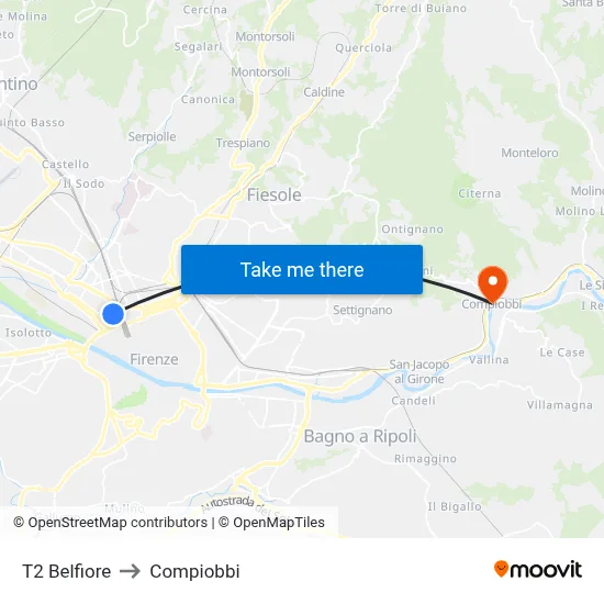 T2 Belfiore to Compiobbi map