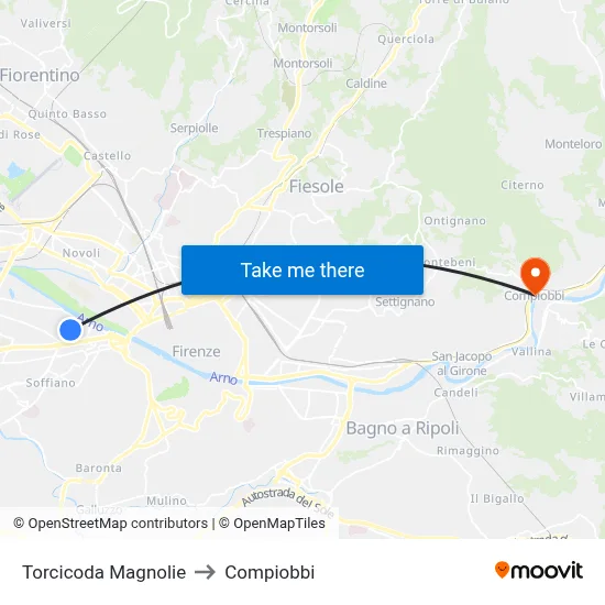 Torcicoda Magnolias to Compiobbi map