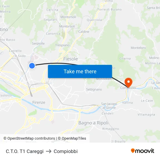 CTO T1 Careggi to Compiobbi map