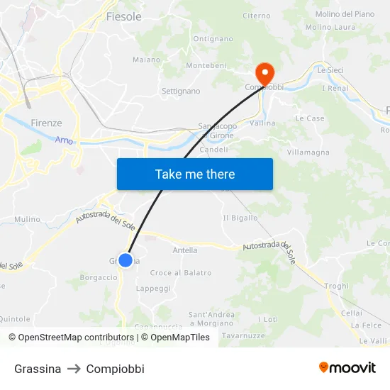 Grassina to Compiobbi map