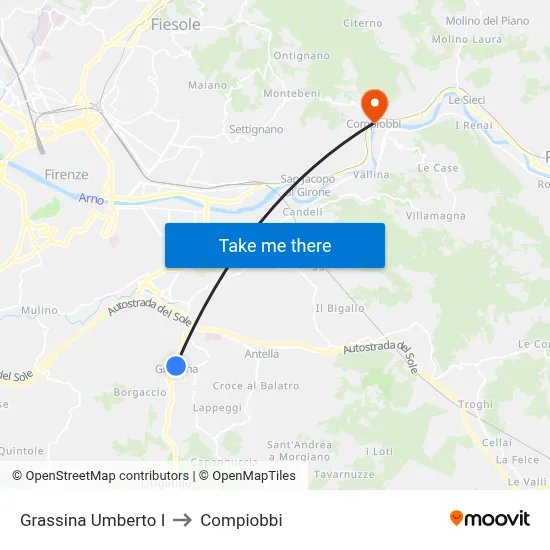 Grassina Umberto I to Compiobbi map