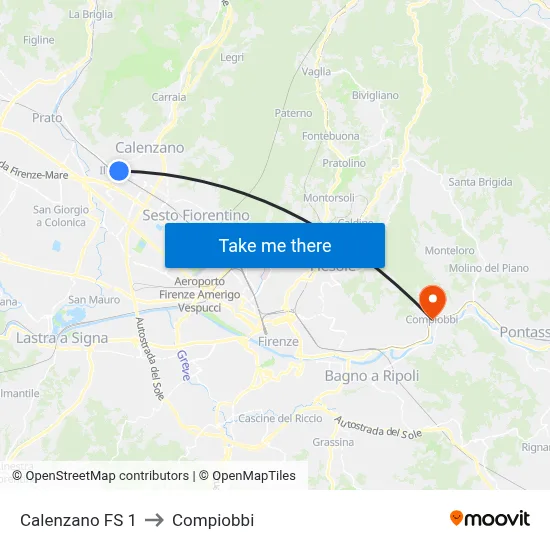 Calenzano Station 1 to Compiobbi map