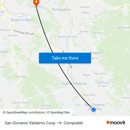 San Giovanni Valdarno Coop to Compiobbi map