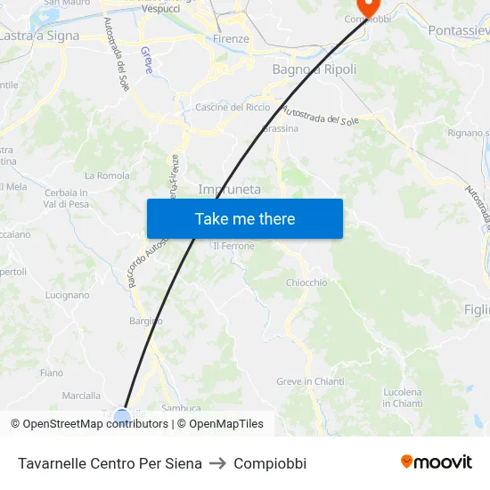 Tavarnelle Center To Siena to Compiobbi map