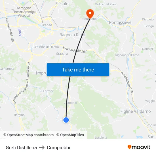 Greti Distillery to Compiobbi map