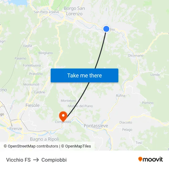 Vicchio Railway Station to Compiobbi map