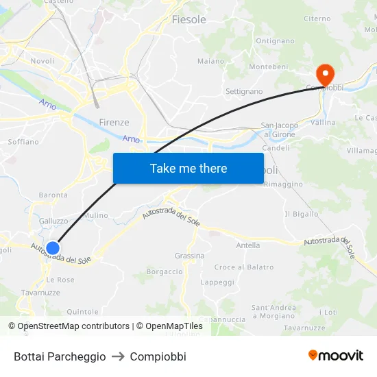 Bottai Parking to Compiobbi map