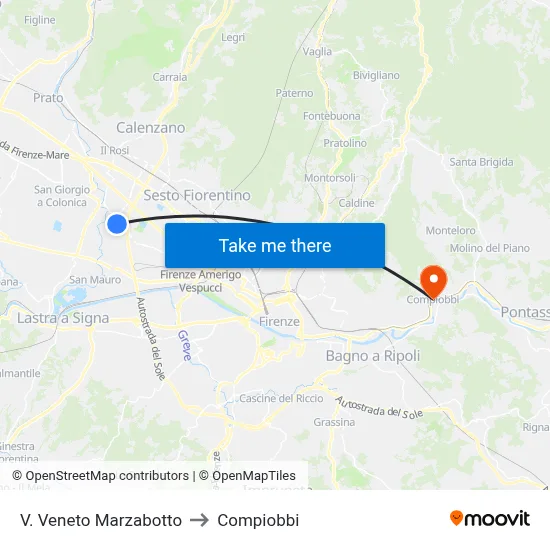 Via Veneto Marzabotto to Compiobbi map