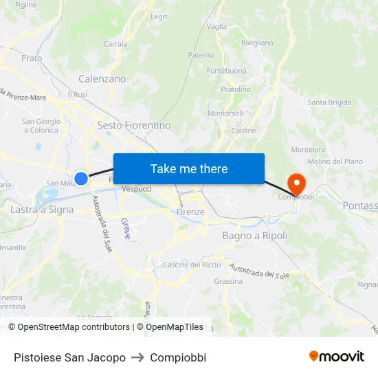 Pistoiese San Jacopo to Compiobbi map
