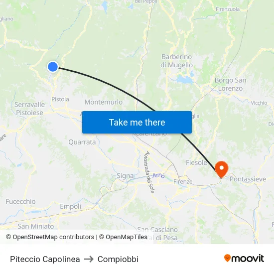 Piteccio Terminus to Compiobbi map