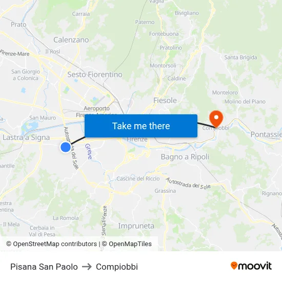 Pisana San Paolo to Compiobbi map