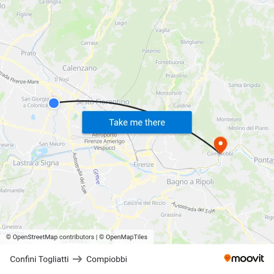 Confini Togliatti to Compiobbi map