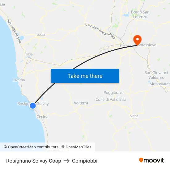 Rosignano Solvay Coop to Compiobbi map