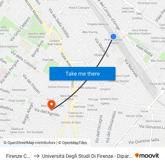 Firenze Campo Di Marte to Università Degli Studi Di Firenze - Dipartimento Di Architettura - Plesso Di Santa Teresa map
