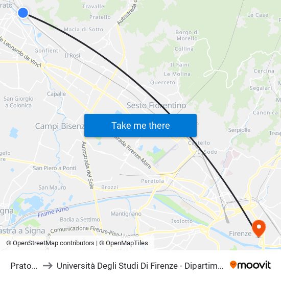 Prato Centrale to Università Degli Studi Di Firenze - Dipartimento Di Architettura - Plesso Di Santa Teresa map