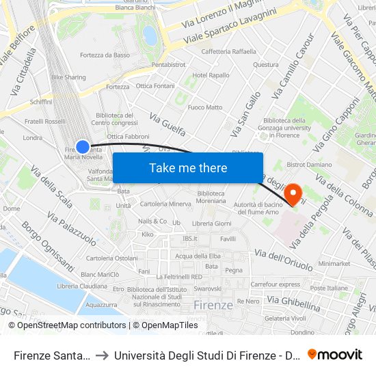 Firenze Santa Maria Novella to Università Degli Studi Di Firenze - Dipartimento Di Lettere E Filosofia map