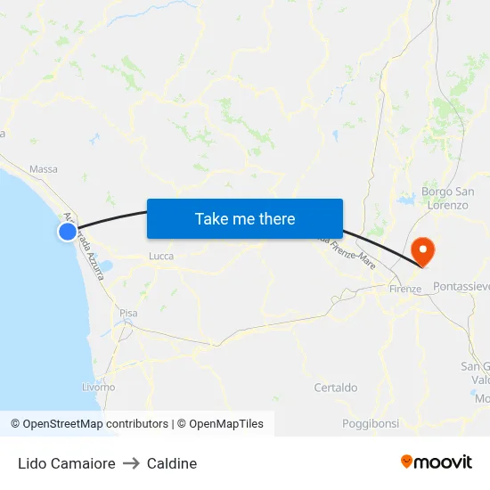 Lido Camaiore to Caldine map