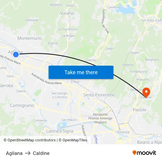 Agliana to Caldine map