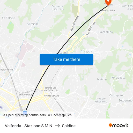 Valfonda - Santa Maria Novella Station to Caldine map