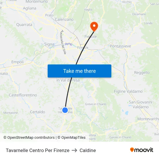 Tavarnelle Center To Florence to Caldine map