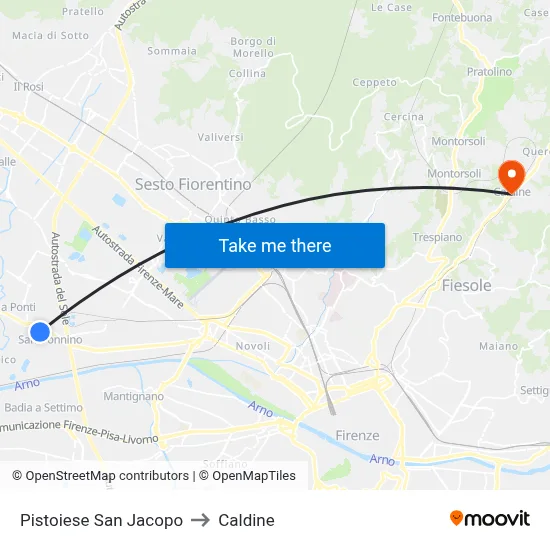 Pistoiese San Jacopo to Caldine map