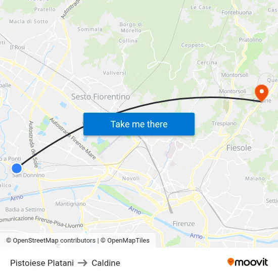 Pistoiese Platani to Caldine map