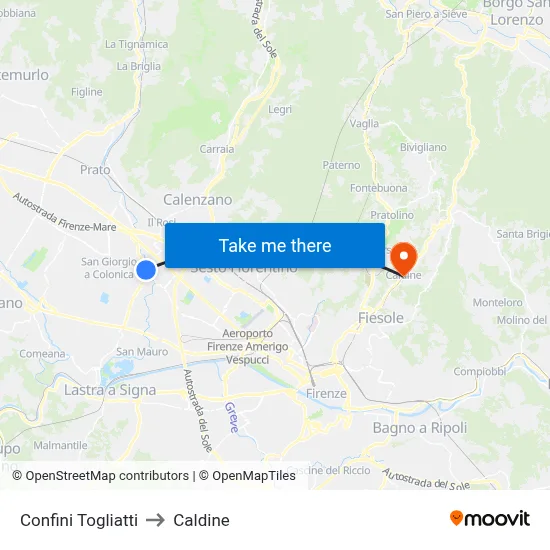 Confini Togliatti to Caldine map